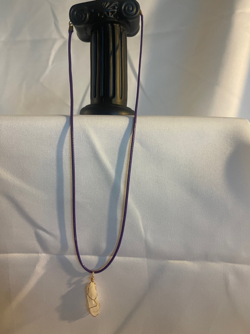 Purple Cord Necklace with Wrapped White Stone Pendant